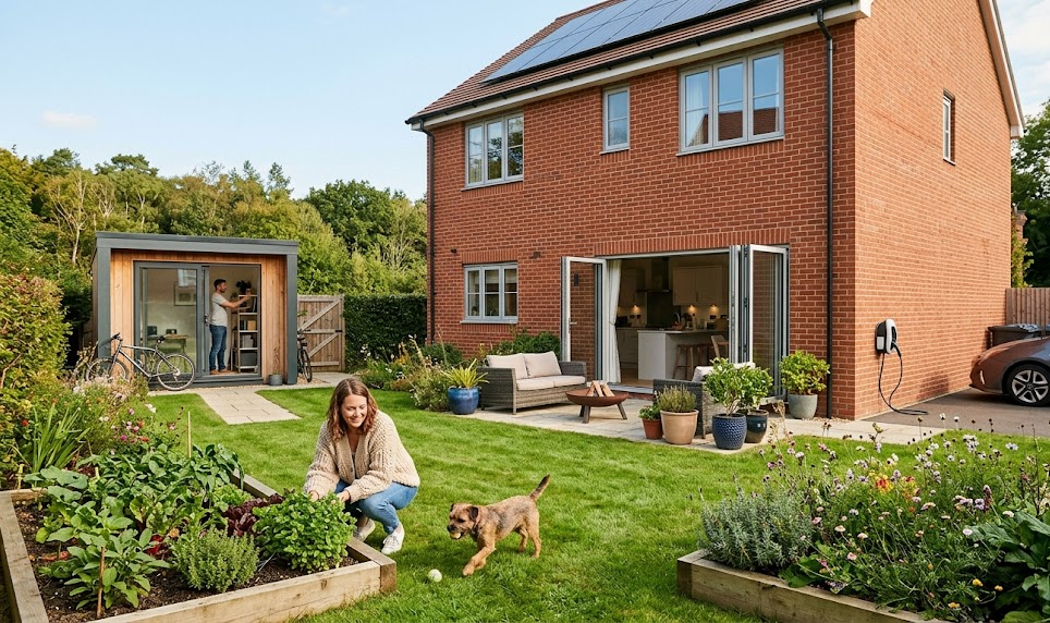 Modern UK garden with woman playing fetch with dog, home office shed, and solar-powered house in background