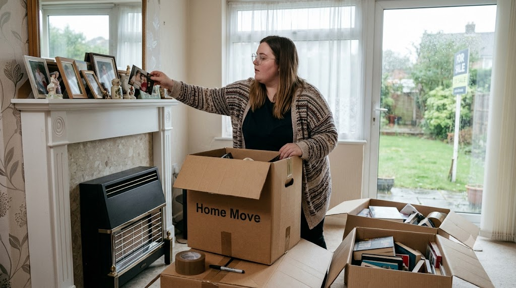 Woman packing boxes in living room, preparing for house move, with For Sale sign visible through window